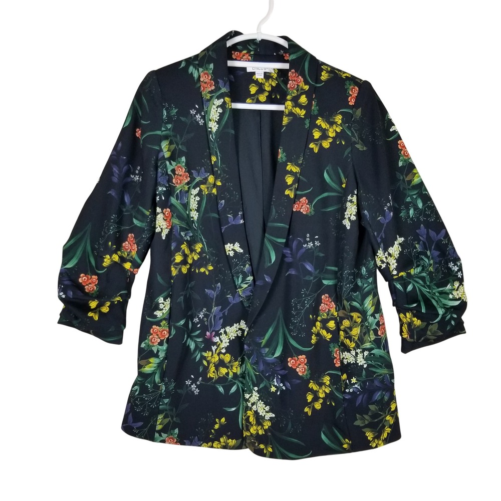 Chico's Blazer Women 0.5 S Navy Blue Floral Ruched 3/4 Sleeve Open Front Shawl